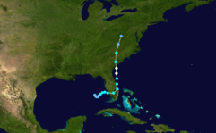 Track map of hurricane. Track starts in the Gulf of Mexico and crosses Florida before turning north and moving ashore for a final time in South Carolina.
