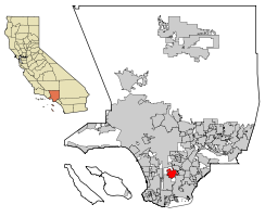 Ubicación de Compton en el Condado de Los Ángeles y en el estado de California.