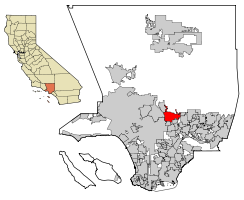 Localización de Pasadena en el Condado de Los Ángeles y en California