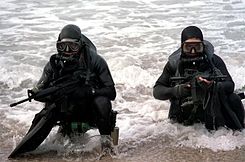 SEALs con trajes de buzo emergiendo del océano.