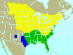 Yellow = summer-only range, Blue = winter-only range, Green = year-round range