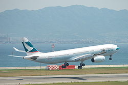 Cathay Pacific Airbus A330-343X (B-HLOA) take off at Kansai IA.jpg