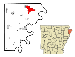 Localización en el condado de Mississippi y en el estado de Arkansas
