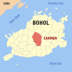 Mapa de la provincia de Bohol que muestra la situación de Carmen