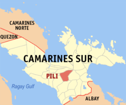 Mapa de la provincia de Camarines Sur que muestra la situación de Pili