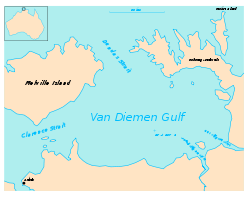 Mapa del golfo de van Diemen. La ciudad de Darwin está en la esquina inferior izquierda, al otro lado del estrecho de Clarence.