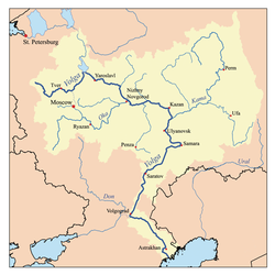 Localización aproximada del Vygózero en la cuenca del Volga. El cuerpo de agua que aparece más abajo es el embalse de Rybinsk.