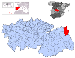 Localización de Santa Cruz de la Zarza respecto a Castilla-La Mancha, España y Europa.