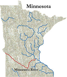 Mapa de Minnesota en el que se señala el río Minnesota con una línea roja.