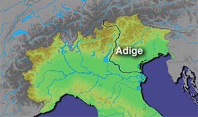 Localización aproximada del valle del río Merano en el curso alto del río Adigio