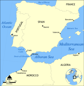 Mapa de la Península Ibérica mostrando el mar de Alborán al sur.