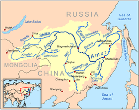 Localización del lugar donde desagua en el río Jor en el río Ussuri (mapa de la cuenca del río Amur)