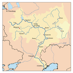 Localización del río Ufa en la cuenca del río Belaya, en un mapa general de la cuenca del río Volga