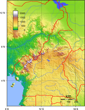 Localización del Nyong (mapa topográfico de Camerún)