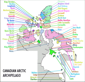 Mapa de referencia de las islas árticas canadienses.(Islas que no aparecen: isla Beechey - Archipiélago del Duque de York  - isla Gateshead - isla Haig-Thomas - isla Hans - isla Killiniq - isla de Jenny Lind - islas Ottawa - Port Leopold, Prince Leopold Island and Elwin Bay - isla Skraeling - isla Trodely - isla Weston)