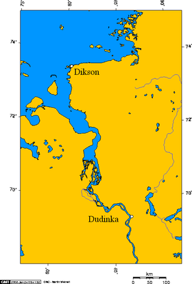 Mapa del Golfo del Yeniséi, con las ciudades de Dudinka y Dikson
