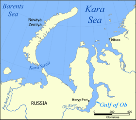 Localización del golfo en el mar de Kara