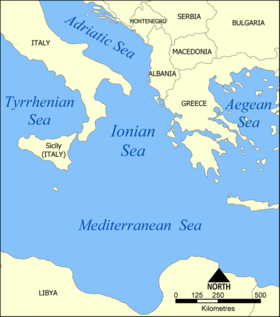 Mapa político de la región del mar Jónico.