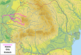 Localización del río Criş, con sus tres fuentes