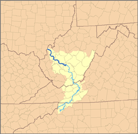 El Kanawha (azul oscuro) y el New (azul claro). El punto rojo marca la boca en el Ohio, a su paso por Point Pleasant