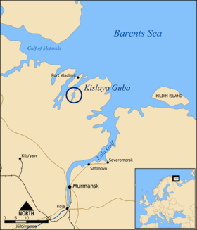 Localización en un mapa de la región. El circulo corresponde a la cercana bahía de Kislaya