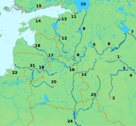 Localización del río Vóljov (el lago Ilmen es el nº 9 y el Ladoga el nº 10)