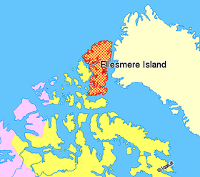 Localización del Nansen Sound(amarillo: Nunavut; rosa: Territorios del Noroeste; crema: Groenlandia)