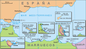 Mapa de Ceuta, Melilla, Alborán y las plazas de soberanía