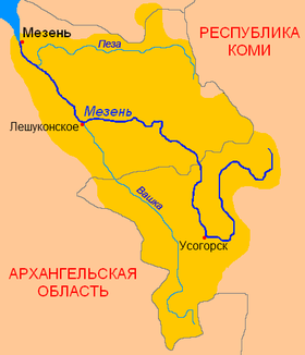 Localización del Vashka en la cuenca del Mezen (rotulado en ruso)