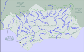 Localización aproximada de la boca del Castril en el Guardal (el Guardal está representado, pero aparece como Guadiana Menor) (mapa de ríos de Andalucia).