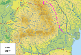 Localización del río Buzău, al que desagua el Acriş (el río destacado es el río Siret)