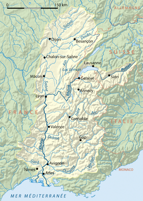 Localización de la boca del río Chalaronne en el río Saona en un mapa de la la cuenca del Ródano (el río no está representado)
