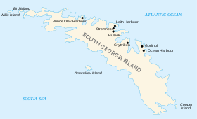 Mapa de las islas Georgias del Sur Nota: Según la reivindicación Argentina pertenecen a la provincia de  Tierra del Fuego, Antártida e Islas del Atlántico Sur, Departamento Islas del Atlántico Sur.
