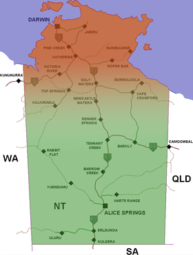 Mapa de la localización aproximada del Top End, señalado en rojo, dentro del Territorio del Norte