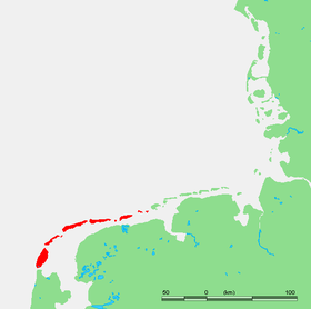 Localización de las islas Frisias occidentales. Las islas numeradas son: 1. Noorderhaaks - 2. Richel - 3. Griend - 4. Rif - 5. Engelsmanplaat - 6.  Simonszand - 7. Rottumerplaat - 8. Rottumeroog