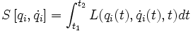  S\left[q_i,\dot{q}_i\right] = \int_{t_{1}}^{t_{2}} L(q_i(t), \dot{q}_i(t),t) dt