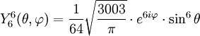 Y_{6}^{6}(\theta,\varphi)={1\over 64}\sqrt{3003\over \pi}\cdot e^{6i\varphi}\cdot\sin^{6}\theta