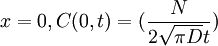 x=0, C(0,t)=(\frac{N}{2\sqrt{\pi D }t})