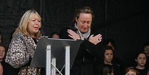 Cynthia and Julian Lennon at the unveiling ceremony of the John Lennon Peace Monument in Liverpool - celebrating John Lennon's 70th Birthday - October 9th 2010.jpg