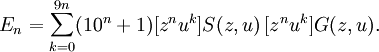 E_n = \sum_{k=0}^{9 n} (10^n+1) [z^n u^k] S(z, u) \, [z^n u^k] G(z, u).