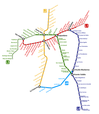 Diagrama esquemático del Metro de Santiago, incluyendo las extensiones planificadas