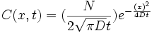 C(x,t)=(\frac{N}{2\sqrt{\pi D }t})e^{-\frac{(x)^2}{4Dt}} \,\!