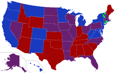 Representación gráfica de los senadores federales elegidos por cada estado: * Azul: Dos Demócratas * Morado: Un Demócrata y un Republicano * Rojo: Dos Republicanos * Azul y Verde: Un Demócrata y un Independiente