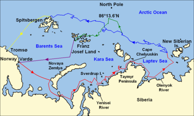  The eastern Arctic Ocean, including the Barents, Kara and Laptev Seas, showing the area between the North Pole and the Eurasian coast. Significant island groups (Spitsbergen, Franz Joseph Land, Novaya Zemlya, New Siberian Islands) are indicated.