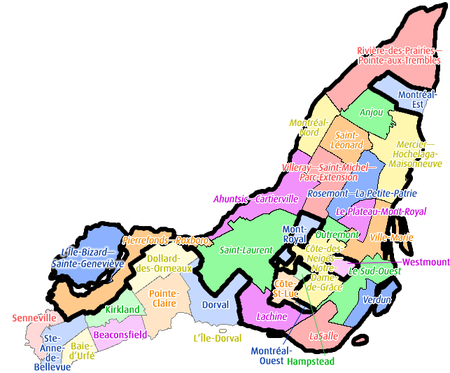 Mapa actual de Montreal y de sus 15 distritos (la sección rodeada por una línea más gruesa).