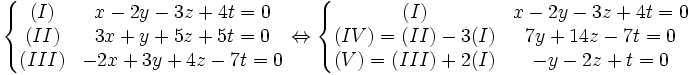 \left \{ \begin{matrix}
 (I) & x-2y-3z+4t=0\\ 
 (II) & 3x+y+5z+5t=0\\
 (III) & -2x+3y+4z-7t=0
\end{matrix} \right.
\Leftrightarrow
\left \{ \begin{matrix}
 (I) & x-2y-3z+4t=0\\ 
 (IV)=(II)-3(I) & 7y+14z-7t=0\\
 (V)=(III)+2(I) & -y-2z+t=0
\end{matrix} \right.
