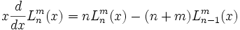  x \frac{d}{dx} L_n^m(x) = n L_n^m(x) - (n+m) L_{n-1}^m(x) 