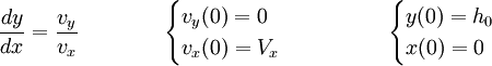 \frac{dy}{dx} = \frac{v_y}{v_x} \qquad \qquad \begin{cases} v_y(0) = 0\\ v_x(0) = V_x \end{cases} \qquad \qquad \begin{cases} y(0) = h_0\\ x(0) = 0 \end{cases}