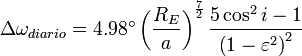 \Delta \omega_{diario} = 4.98^\circ \left( {\frac{{R_{E} }}{a}} \right)^{\frac{7}{2}} \frac{{5\cos ^2 i - 1}}{{\left( {1 - \varepsilon ^2 } \right)^2 }}
