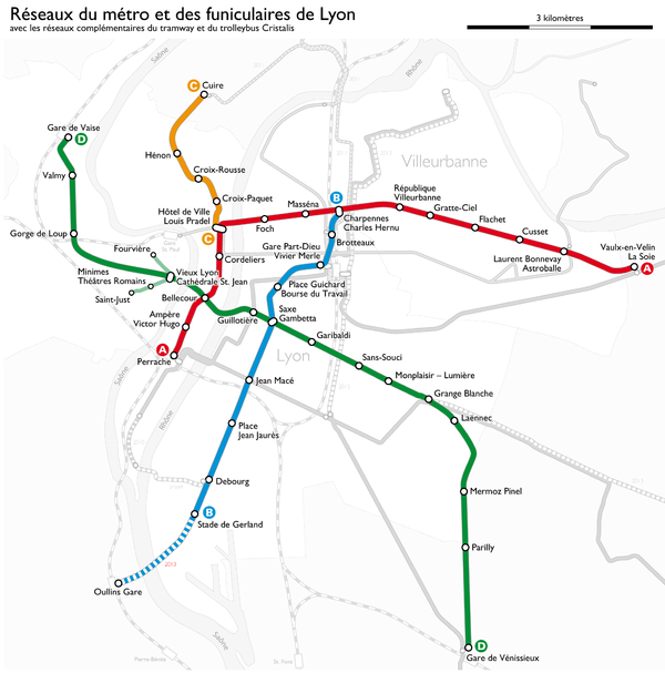Plano de la red de metro y tranvía de Lyon